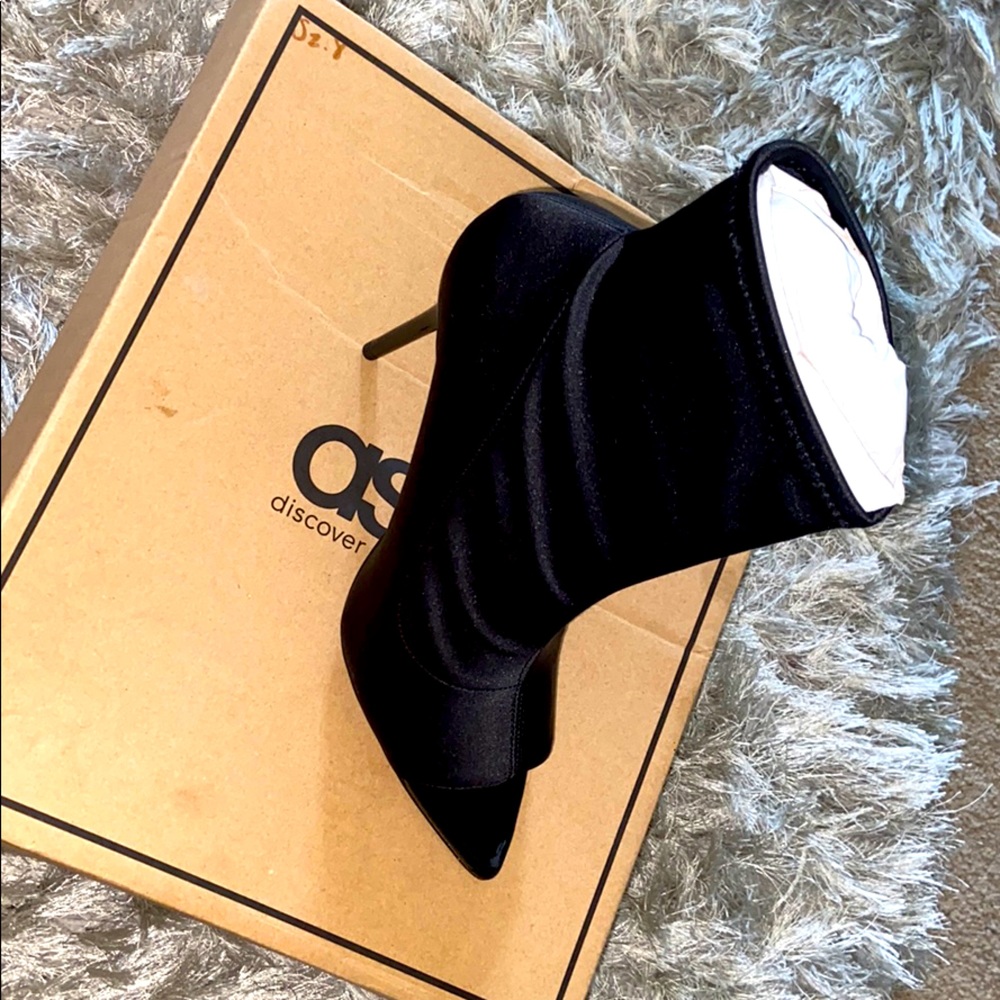 Peep toe Black satin stiletto ankle boots.